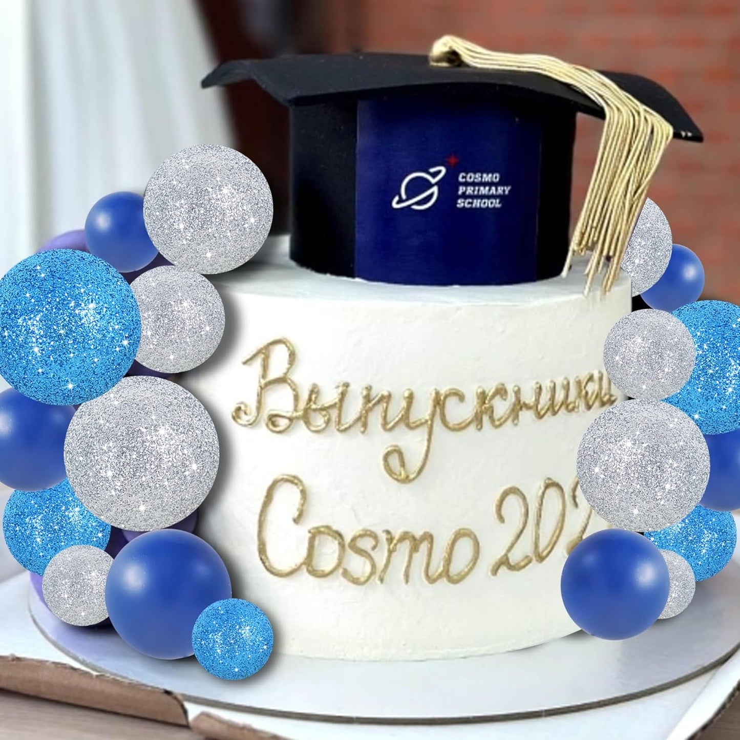 BEISHIDA 40 Pcs Ball Cake Toppers Mini Balls Cake Decorations Blue Silver Foam Balls Sticks DIY Cake Topper for Baking Congrats Grade 2025 Graduation Birthday Winter Party Decorations (Blue Silver)