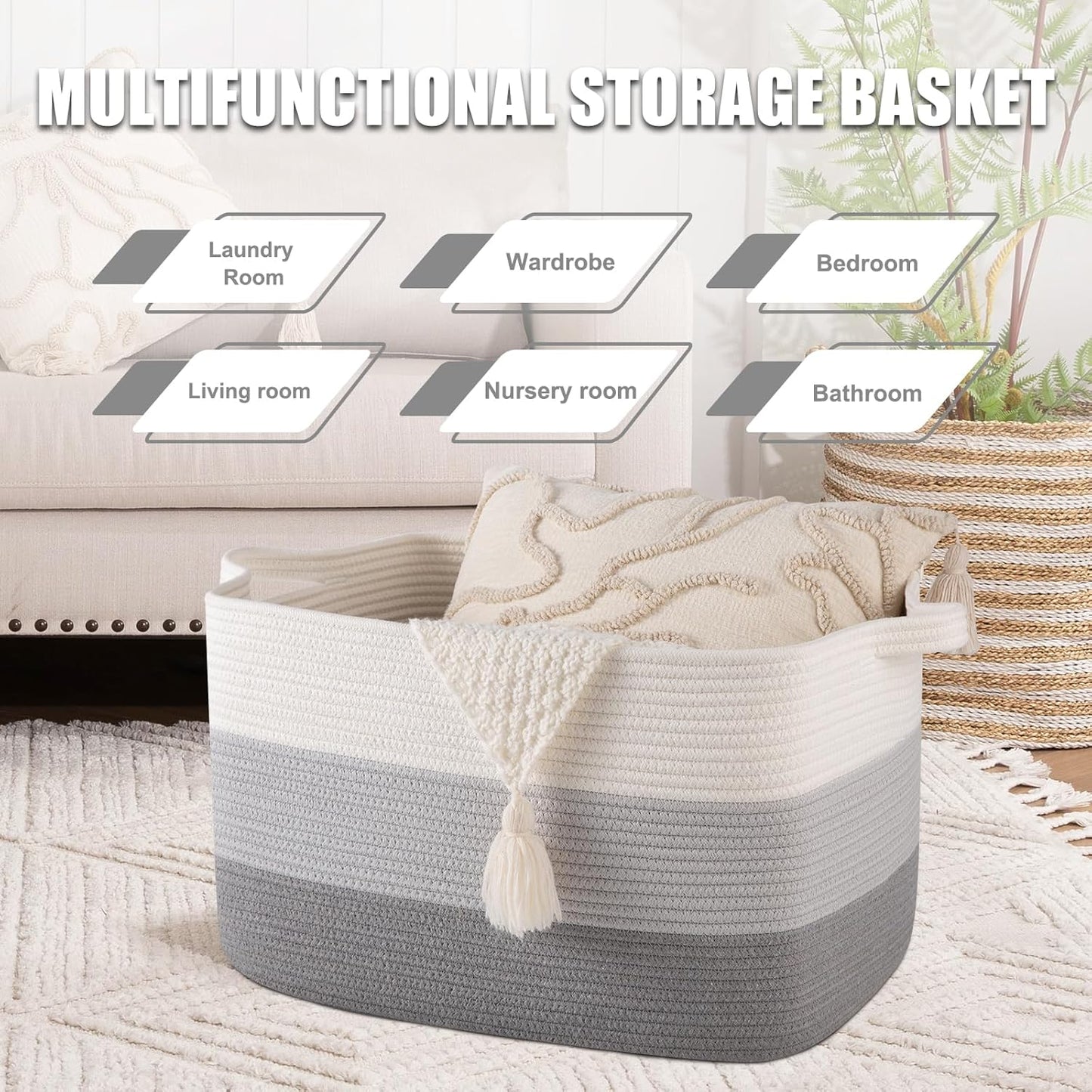 65L Large Storage Basket, Cotton Rope Woven Blanket Basket, Toy Storage for Baby Room, Living Room, Gradient Grey