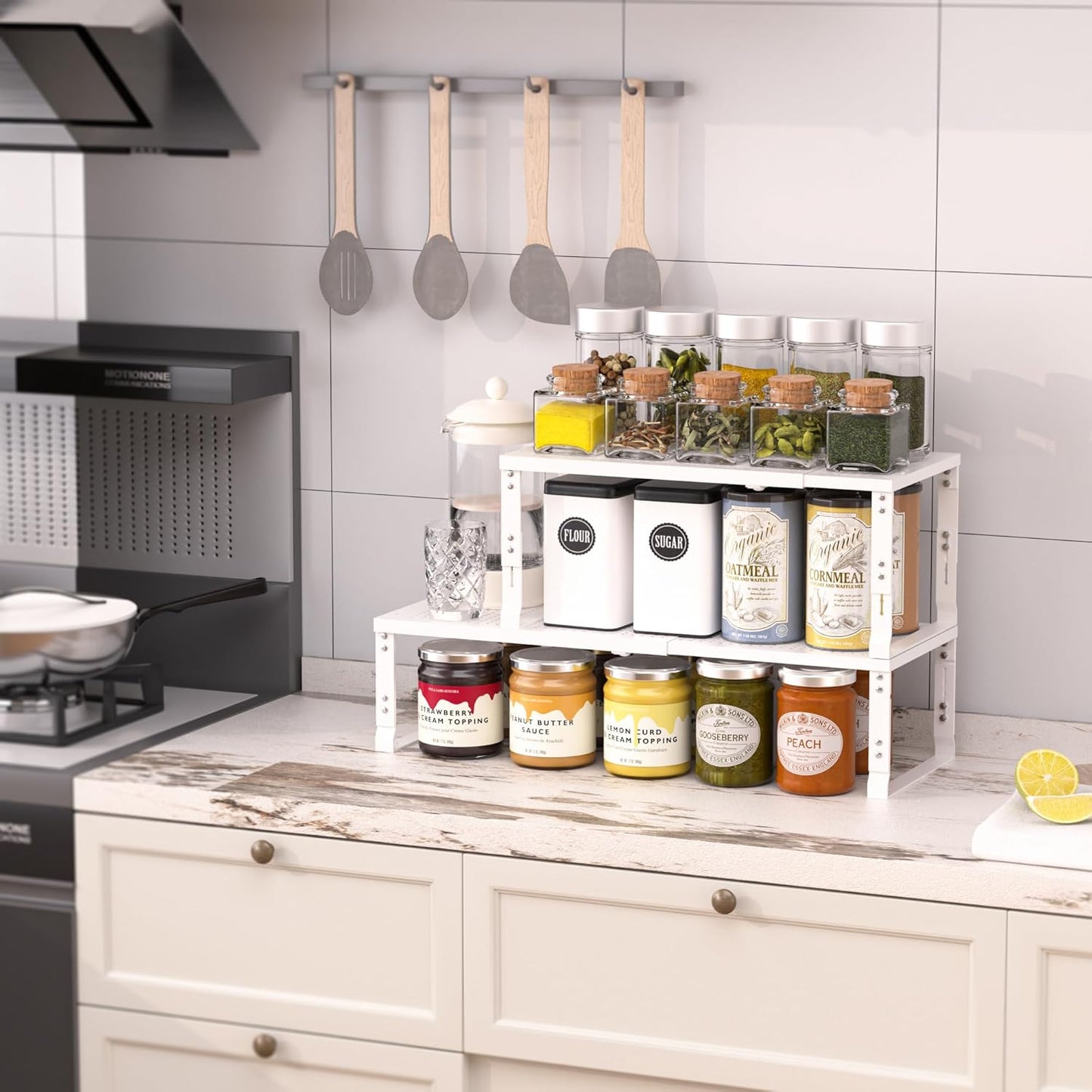 Heavy-Duty Adjustable Metal Shelf Organizer - Expandable & Stackable Pantry Storage Rack for Kitchen, Bathroom, RV, Cabinets(2 Packs/White, Medium)