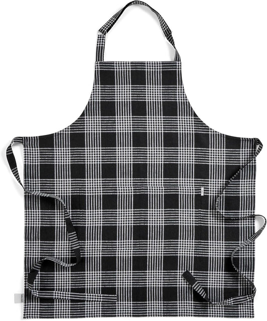 Solino Home Linen Bib Apron for Men & Women - Black and White Plaid Kitchen Apron with Front Pockets - Handcrafted from European Flax