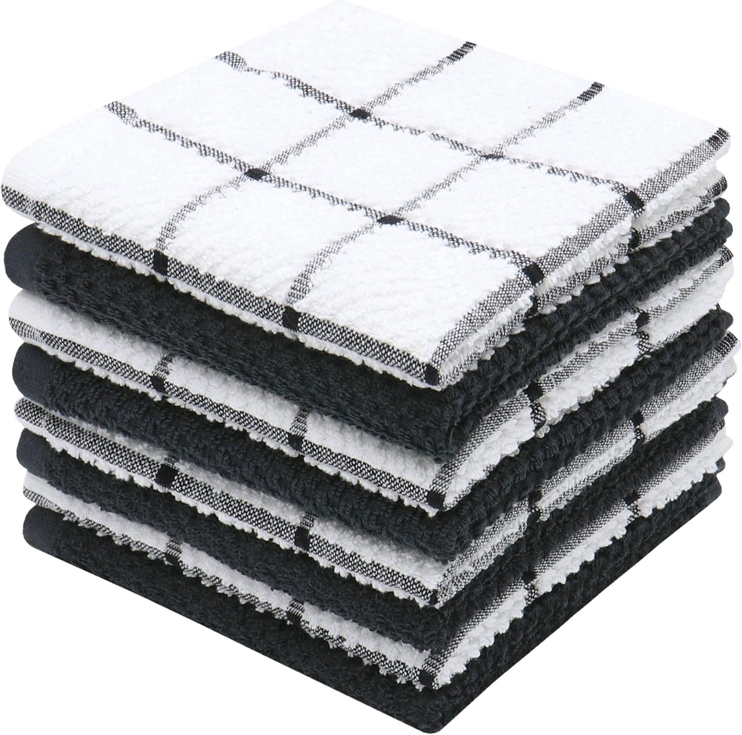 Cotton Grid Dish Cloths, Terry Cleaning Rags, 12 x 12 Inches, Light and Soft, Quick Drying Dish Rags, 8pc/Set (Black Multi)