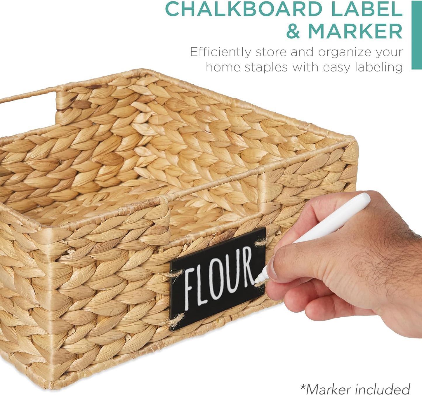 Best Choice Products Set of 4 13x12in Water Hyacinth Pantry Baskets, Woven Organizers w/Chalkboard Label, Chalk Marker - Natural