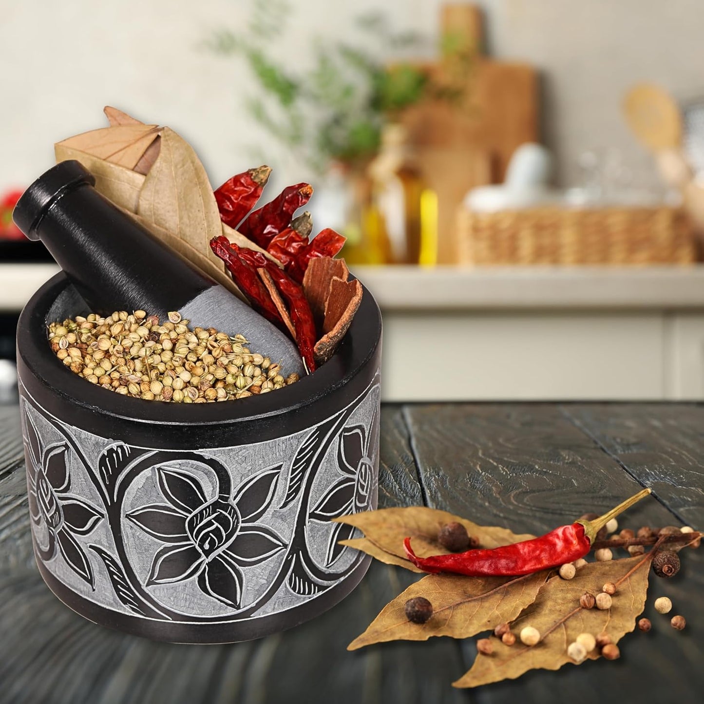 Mortar and Pestle, Made of Heavy Duty Polished Hard Stone, Natural Stone Grinder for Spices, Pastes, Herbs, Seasoning etc. (Ember)