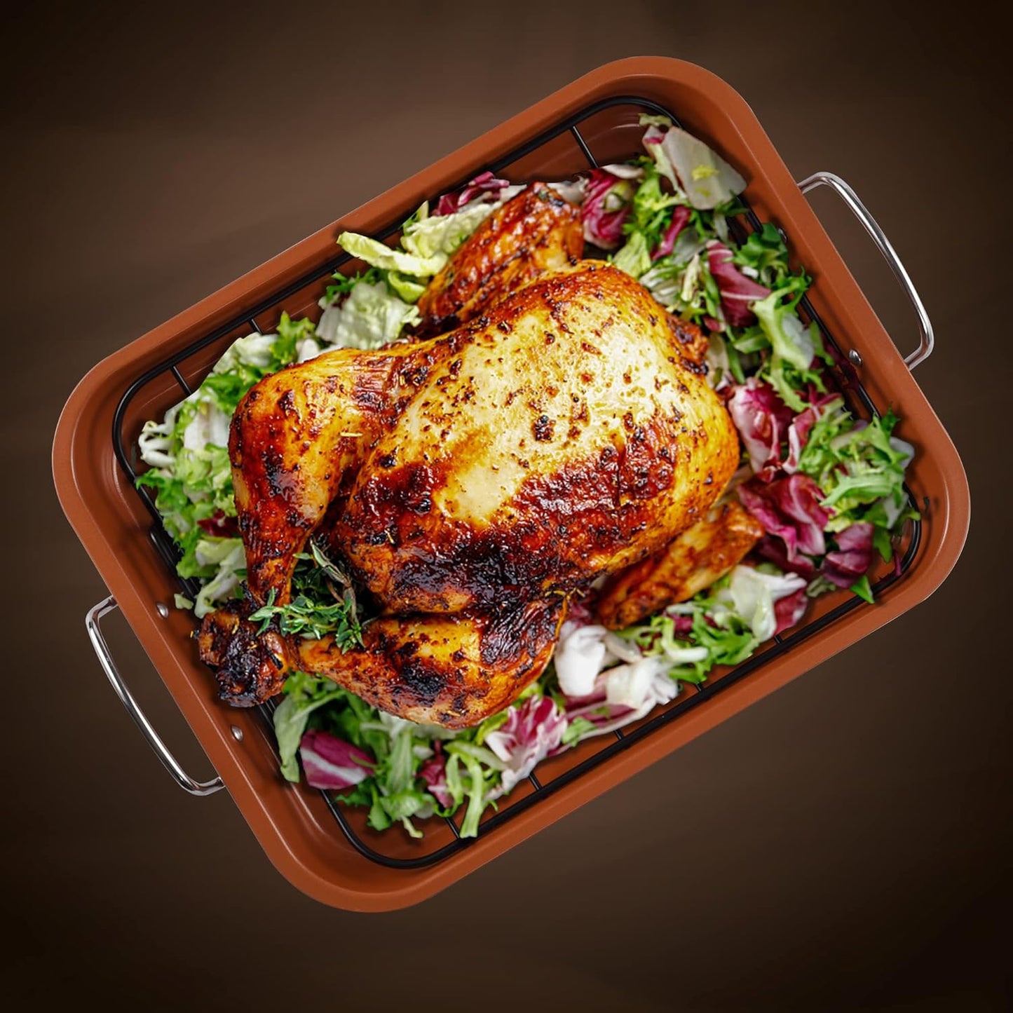 KitCom Nonstick Roasting Pan, Roaster with Cooling Rack and V-Rack - 16 Inch Rectangular Turkey Roaster Lasagna Pan for Easter, Thanksgiving & Christmas, Dishwasher Safe, Bronze