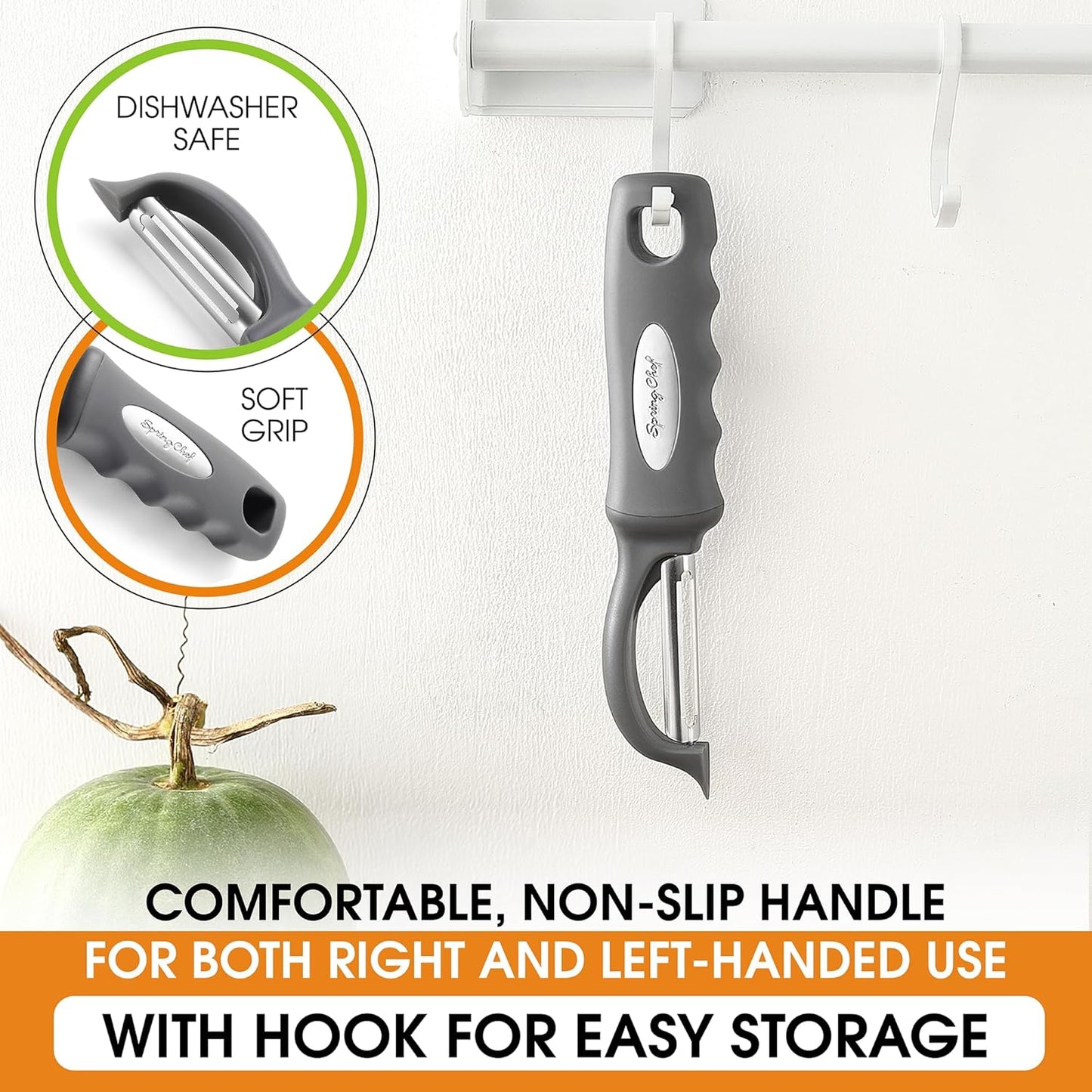 Spring Chef Premium Swivel Vegetable Peeler, Comfortable Handle and Ultra Sharp Stainless Steel Blades - Perfect Kitchen Peeler For Veggie, Fruit, Potato, Carrot, Apple - Gray