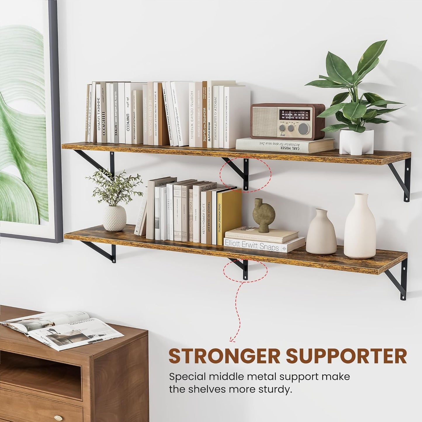 Heimlove Deep Floating Shelves for Wall, 48W x 12D Wood Wall Shelves Set of 2, Wide Floating Bookshelf for Living Room, Kitchen, Office, Bedroom and Decor Storage, with Metal Bracket - Rustic Brown