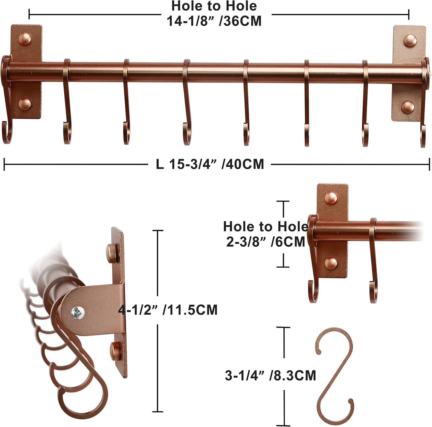 Dseap Kitchen Utensil Holder Hanger, Pot and Pan Rack Wall Mounted, Kitchen Rail with 8 Hooks for Hanging Cooking Utensils, Mugs, Spoons, Wall Mounted, Rose Gold