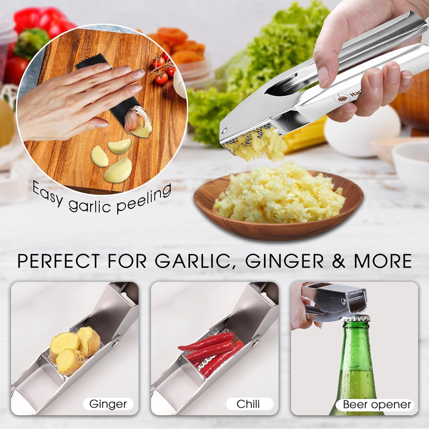 Garlic Press Stainless Steel - No Need to Peel Garlic Mincer & Crusher - 304 Inox, 7.34 Oz, Large Trough - Ergonomic Handle, Easy to Clean, Dishwasher Safe (2 Years Warranty) (Orange)