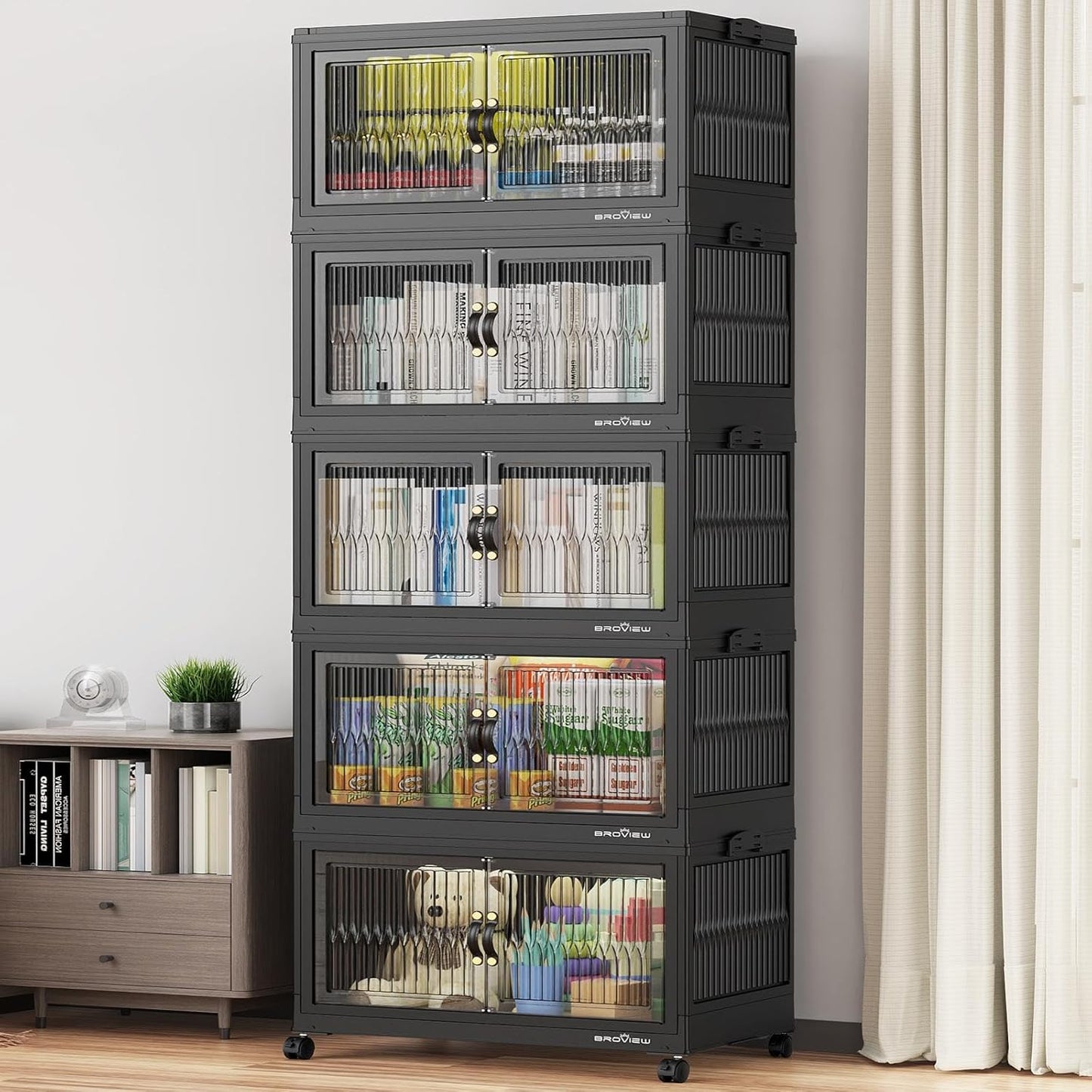 600Qt Stackable Storage Bins with 5 Lids, Extra Large Closet Organizer Collapsible Drawer Boxes with Wheels, Folding Plastic Cabinet Containers for Home Kitchen Room Organization, 5Pack Black