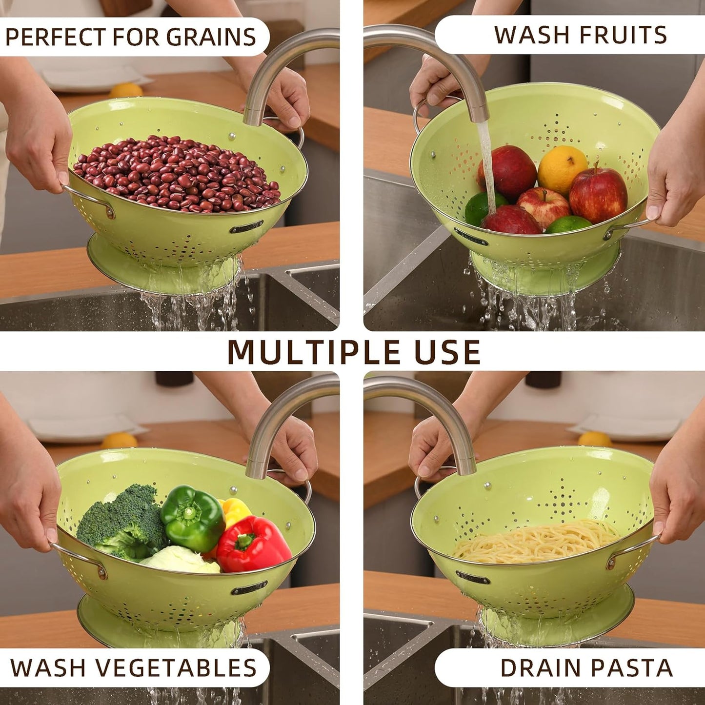 Metal Colander 2 Pack, Strainer Bowel with Handles 2Qt & 6Qt Powder Coated Solid Ring Base Heavey Duty Kitchen Drainer Basket for Pasta Veggies and Fruits,New Home Apartment Essentials (LightGreen)