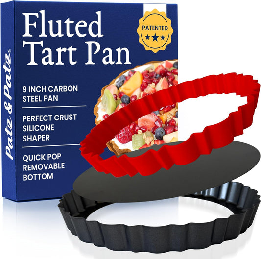 Patz&Patz Fluted Tart Pan 9 Inch Removable Bottom with Patented Silicone Crust Shaper | Nonstick Carbon Steel Quiche Baking Dish, Fruit Tart Molds for Baking, Quiche Pan & Pie Mold - PFOA & PTFE-Free