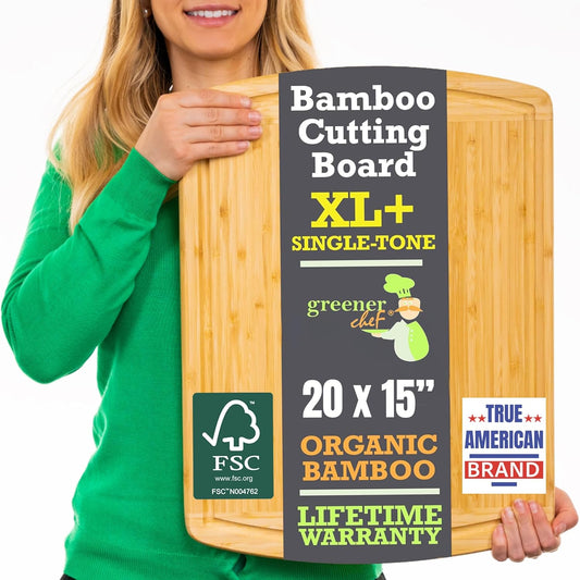 GREENER CHEF 20 Inch XL+ Organic Bamboo Cutting Board - Extra Large Butcher Block for Kitchen, Meat, Veggies, Charcuterie with Deep Juice Grooves & Lifetime Replacements