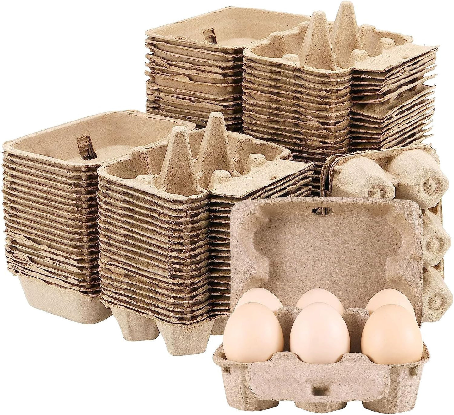 50 Pack Empty Egg Cartons,6 Pulp Fiber Storage Containers for Kitchen, Farm, Picnic,Travel, Brown,Reusable