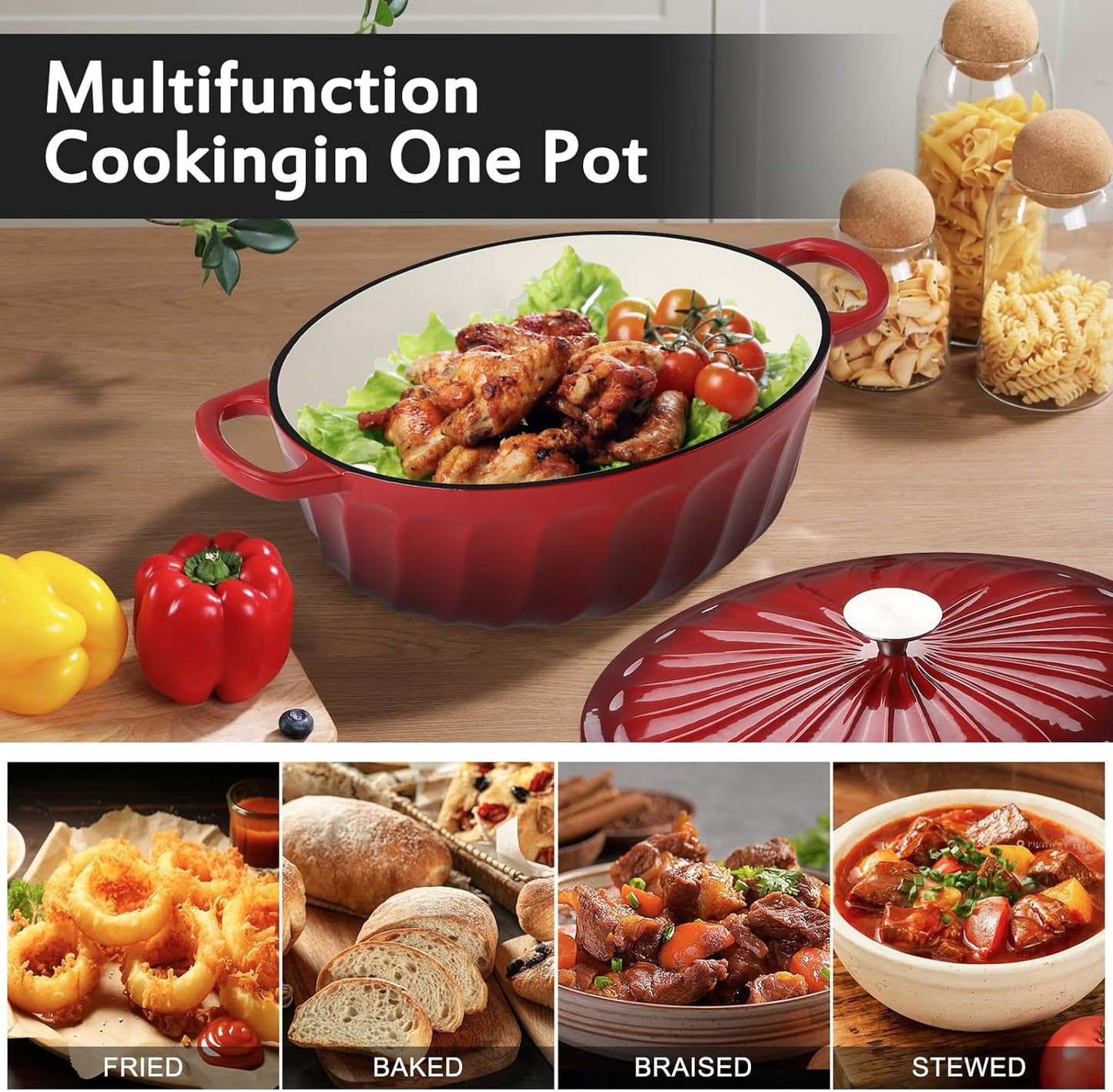 Enameled Oval Dutch Oven Pot with Lid, 7 QT Cast Iron Dutch Oven with Dual Handles for Cooking, Bread Baking, Frying, Non-stick Enamel Coated Oven (7 QT Gradient Red)