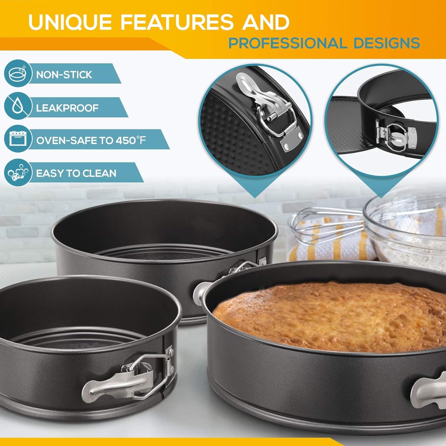 Hiware Springform Pan Set of 3 Non-stick Leakproof Round Cake Pan Set Includes 3 Pieces 6" 8" 10"