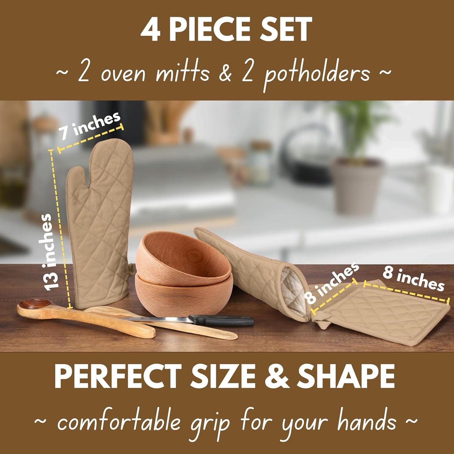 Native Fab Pot Holders and Oven Mitts Sets for Kitchen Heat Resistant- Hanging Non-Slip - 100% Cotton Oven Mitts and Pot Holders 4-Piece Set- Beige