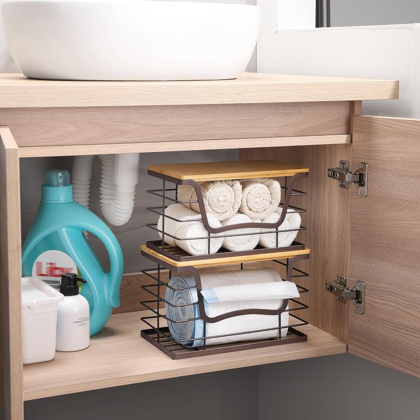 Trash Bag Dispenser Holder for Kitchen 2 Pack Brown Finish Garbage Bag Organizer Wall Mount Stackable Bin with Bamboo Lid for Countertop, Under Sink, Laundry Room