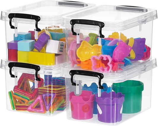 ITYLIFE CITYLIFE 4 Packs 3.5 QT Small Storage Bins with Black Handle Clear Plastic Bins with Reinforce Bottom Stackable Storage Containers for Organizing Art Supply, Craft Stuff, Markers, Small Toys