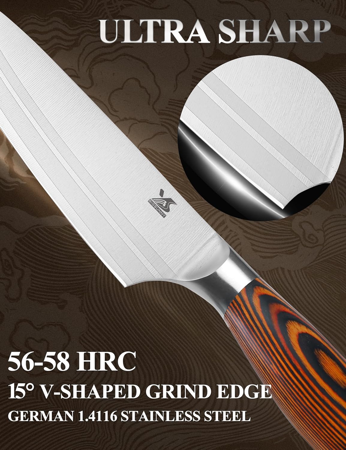 MSY BIGSUNNY 7pcs Knife Block Set, German Steel Chef Knife Set, Precious Pakkawood Handle for Kitchen Knife Block Set