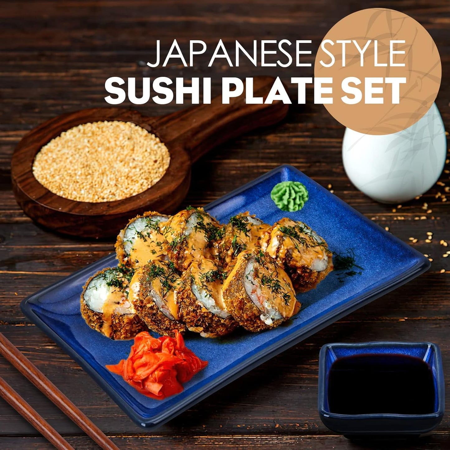 Ceramic Sushi Serving Tray Sets 2, 6 Pieces Japanese Style Porcelain Sushi Plate Set with Soy Sauce Dishes, Bamboo Chopsticks Housewarming Gift, Blue
