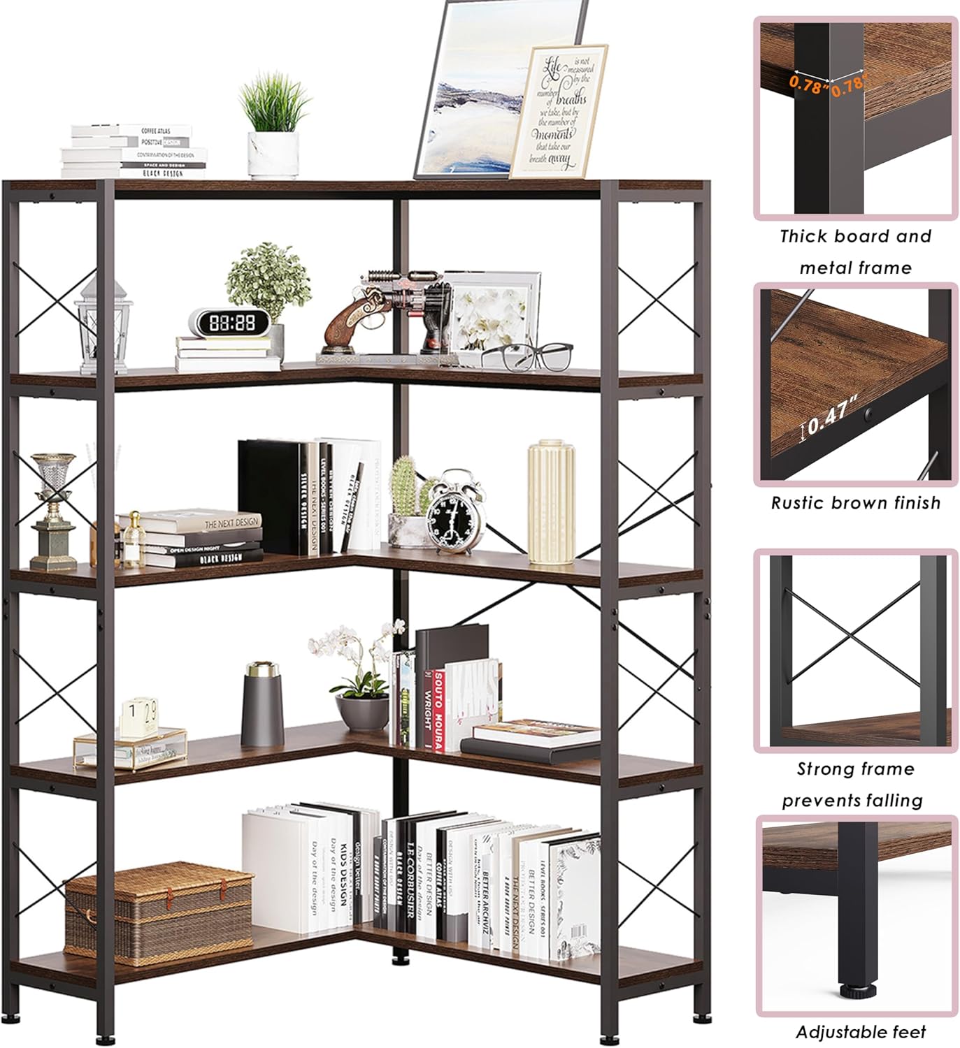 5-Shelf Corner Bookshelf, Vintage Industrial L-Shaped Bookshelf Etagere Bookcase, Large Book Shelf with Metal Frame Open Storage Corner Cabinet (Retro Brown-5 Shelf)