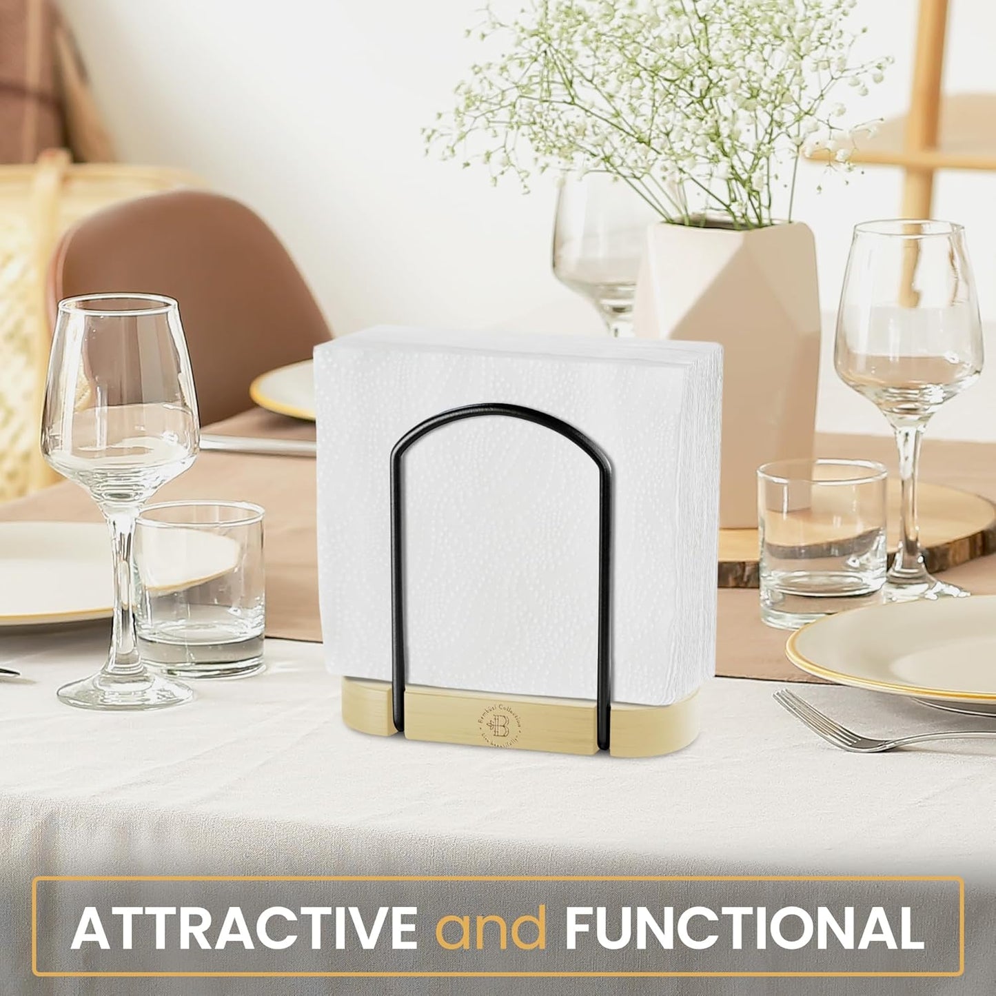 Napkin Holder for Table - Bamboo and Black Iron Standing Napkin Dispenser, Non-Slip Paper Napkin Holder for Kitchen, Farmhouse, Dining Table, Restaurant, Outdoor Use - Rustic and Elegant Design