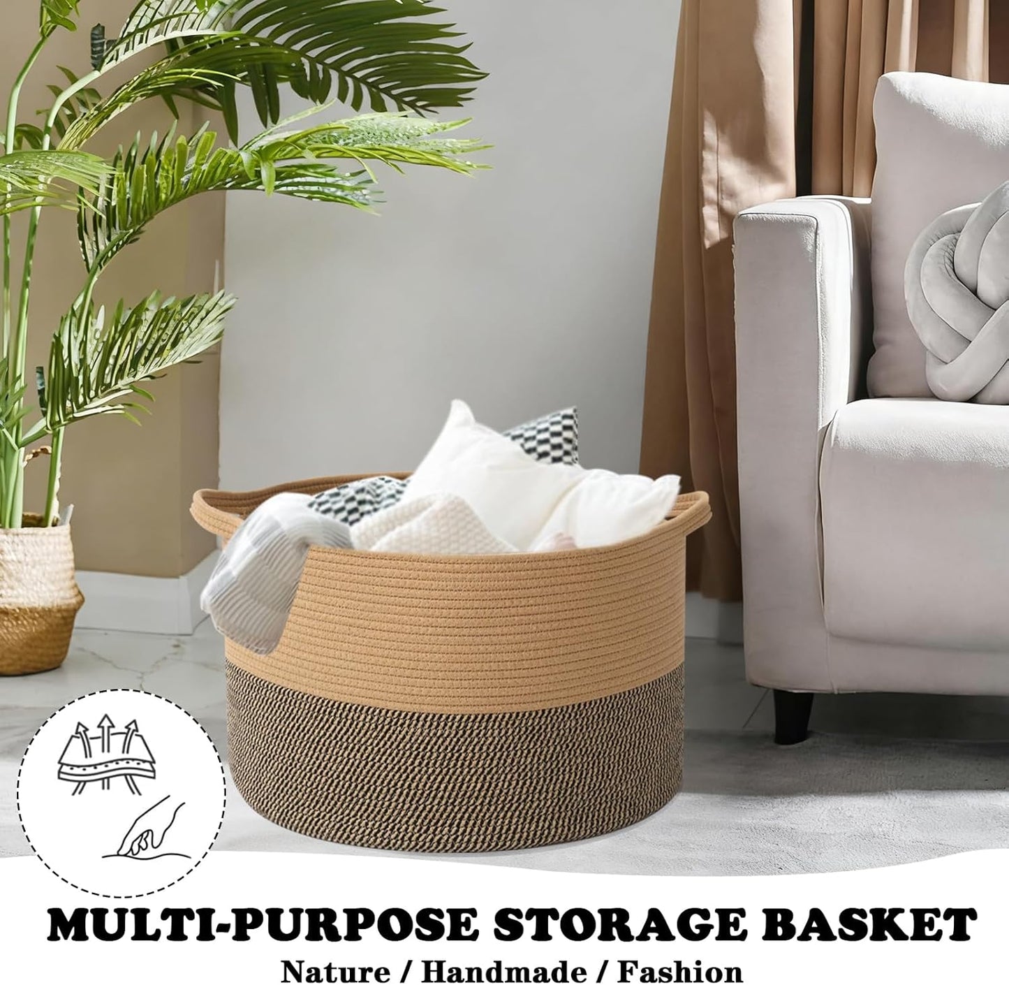 Large Blanket Basket for Organizing,115L Closet Organizers and Storage Bins Box for Shelves Woven Rope Storage Baskets,Living Room,Bedroom,Dorm,Laundry room (Jute&Black)