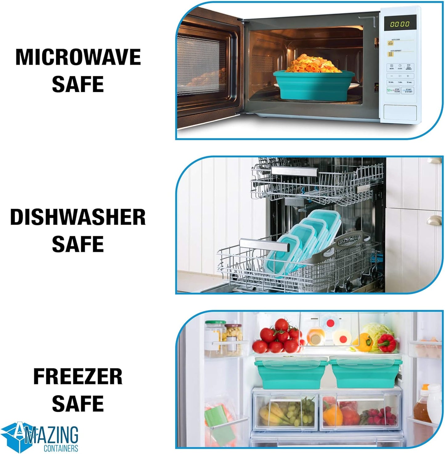 AMAZING CONTAINERS™ Collapsible Silicone Food Storage Container Set of 4 with Lids | Stackable | Microwaveable | Freezer, Dishwasher Safe| BPA Free