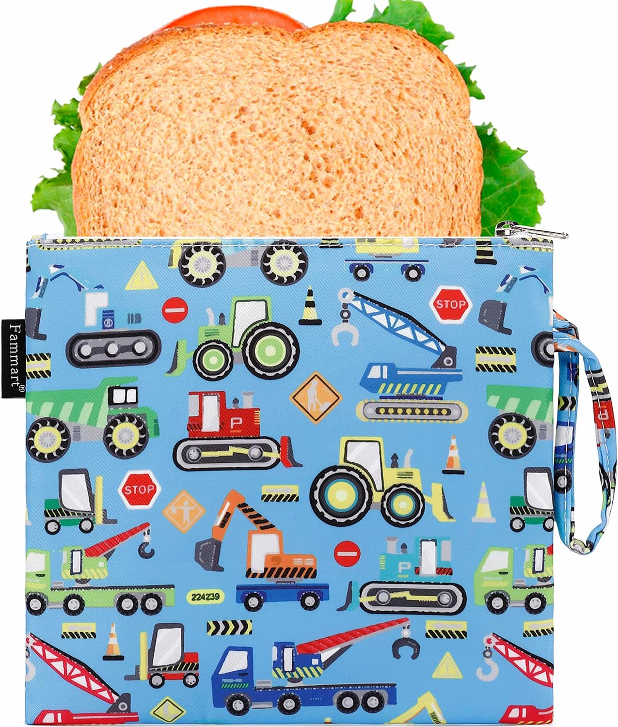 Reusable Sandwich Bag/Snack Bag for Kids & Adults, Dual Layer Lunch Bag with Handle, Washable, Food Safe, BPA Free (1-Pack, Car)