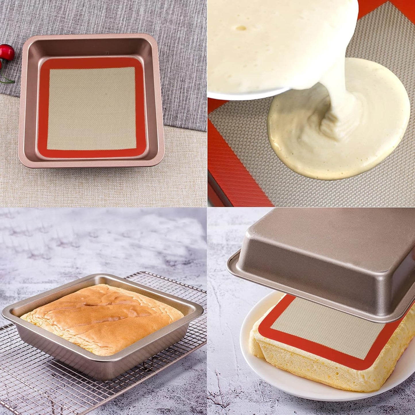 Square Silicone Baking Mats for 9 Inch Cake Pan, 8.5" Food Grade Non-stick Reusable Silicone Mat for Baking Pan for Bread/Pastry/Toast/Pie, Professional Cookie Sheets Liners for Brownie Pan 2 PCS