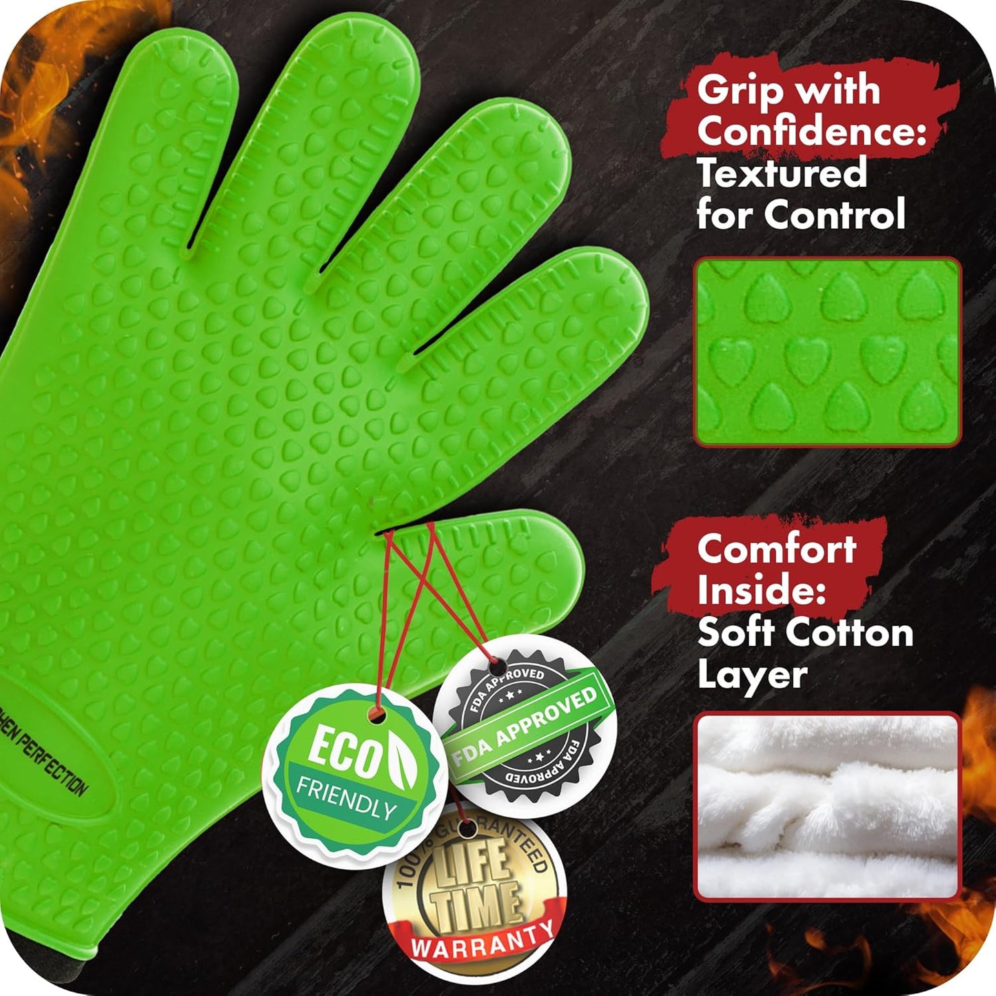 KITCHEN PERFECTION S Silicone Smoker Oven Gloves -Extreme Heat Resistant BBQ Gloves -Handle Hot Food Right on Your Grill Fryer Pit|Waterproof Oven Mitts |Superior Value Set+3 Bonuses