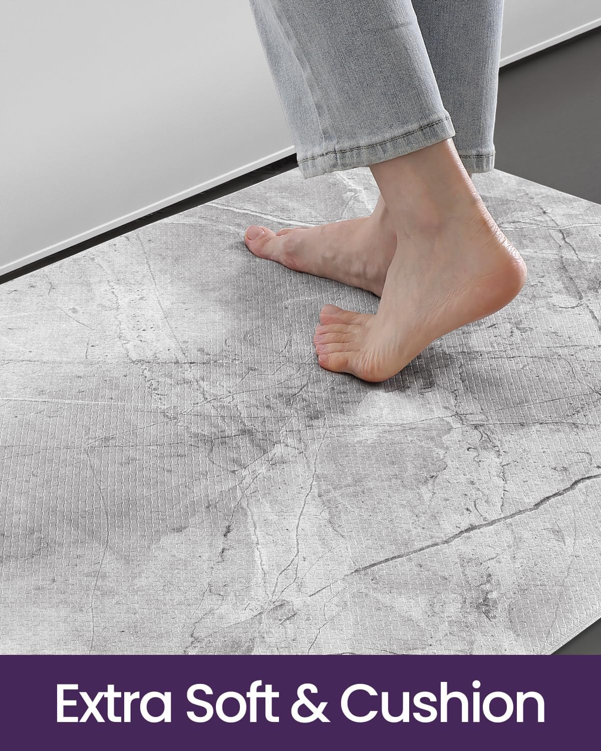 DEXI Kitchen Floor Mats Cushioned Anti Fatigue, 23x86 Large Long Standing Comfort Runner Rug Waterproof, Marble Memory Foam Padded for Front Sink Laundry, Light Grey