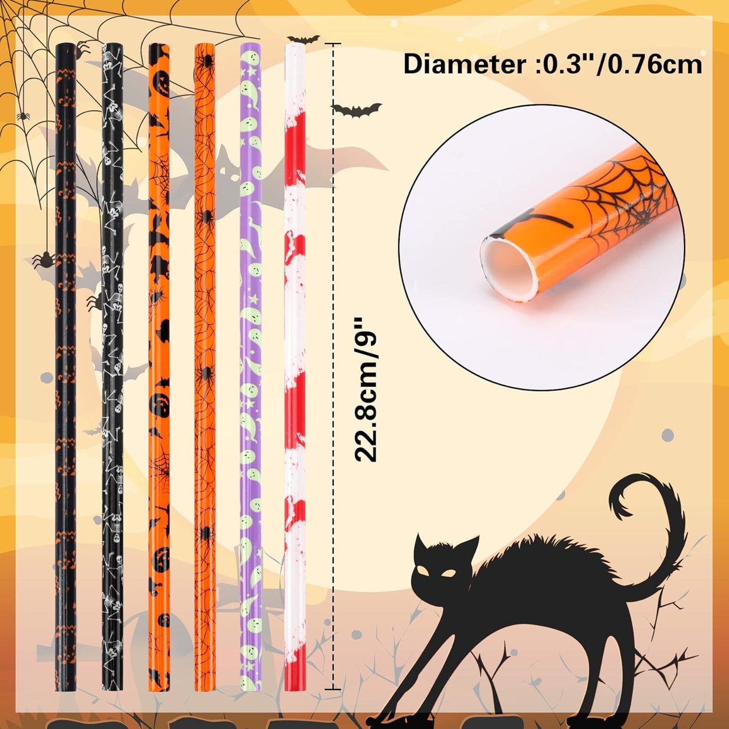 JANYUN 30 Pcs Halloween Reusable Straws 9inch Pumpkin Bat Skeleton Spider Printing Hard Plastic Drinking Straw for Mason Jar Tumbler Family Party Favors Cleaning Brush