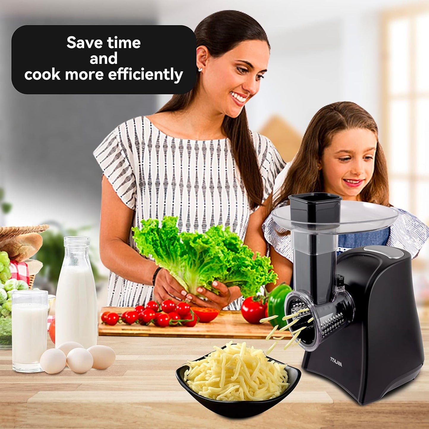 Electric Slicer, Electric Cheese Grater for Home Kitchen Use, One-Touch Control Cheese Shredder, Salad Maker Machine for Fruits, Vegetables, Cheese Grater with 5 Attachments