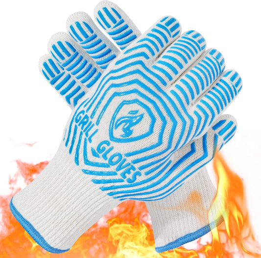 QUWIN BBQ Gloves, Oven Gloves 1472℉ Extreme Heat Resistant, Grilling Gloves Silicone Non-Slip Oven Mitts, Kitchen Gloves for BBQ, Grilling, Cooking, Baking-1 Pair… (Blue, One Size Fits Most)