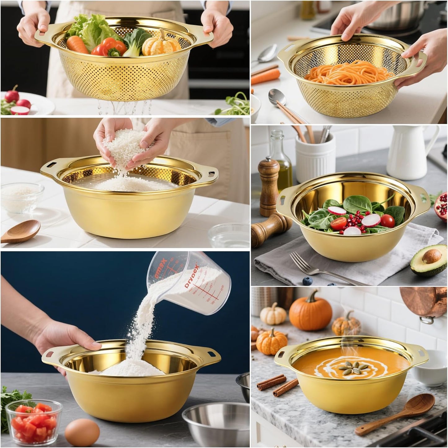 Colander 304 Stainless Steel 4-quart with Mixing Bowls, Strainer for Kitchen Food For washing vegetables, fruit, rice, Dishwasher Safe. (Gold 2PC)