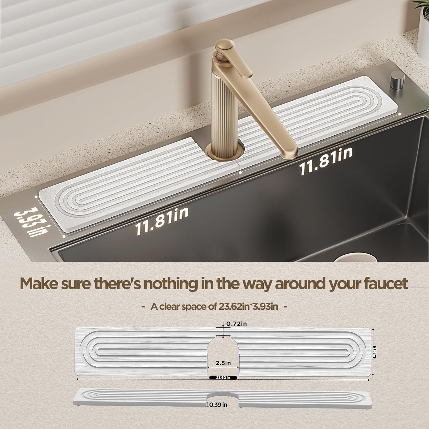 Faucet Mat for Kitchen Sink, Diatomite Stone Drying Sink Protectors, Bathroom Faucet Splash Guard, Quick Dry Water Absorbing, Non-Slip Stone Tray for Kitchen Counter, White, 23.6" x 3.9"