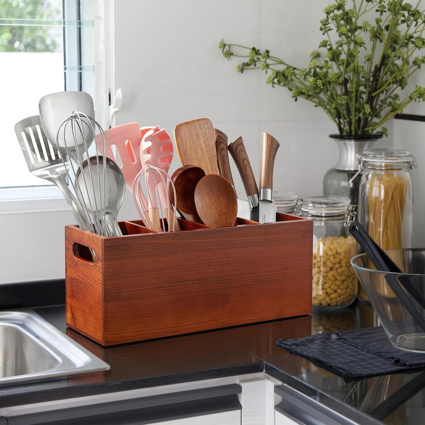 ALELION Large Utensil Holder with Removable Divider - 4 Compartment Wooden Utensil Caddy Organizer for Kitchen Counter - Brown Cooking Utensil Crock for Countertop