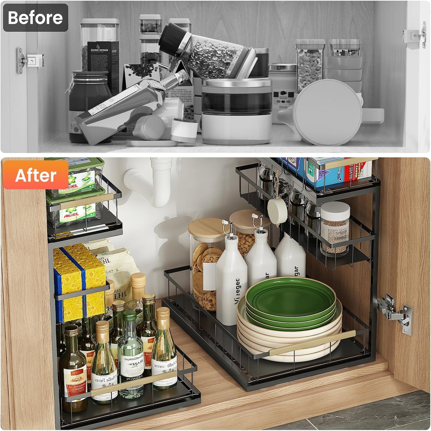 Under Sink Organizer and Storage for Bathroom and Kitchen - 1 Pack Pull Out Under Cabinet Shelf Organizers - 2 3 Tier Sliding Out Drawer Organization for Home Cabinets Shelves and Drawers