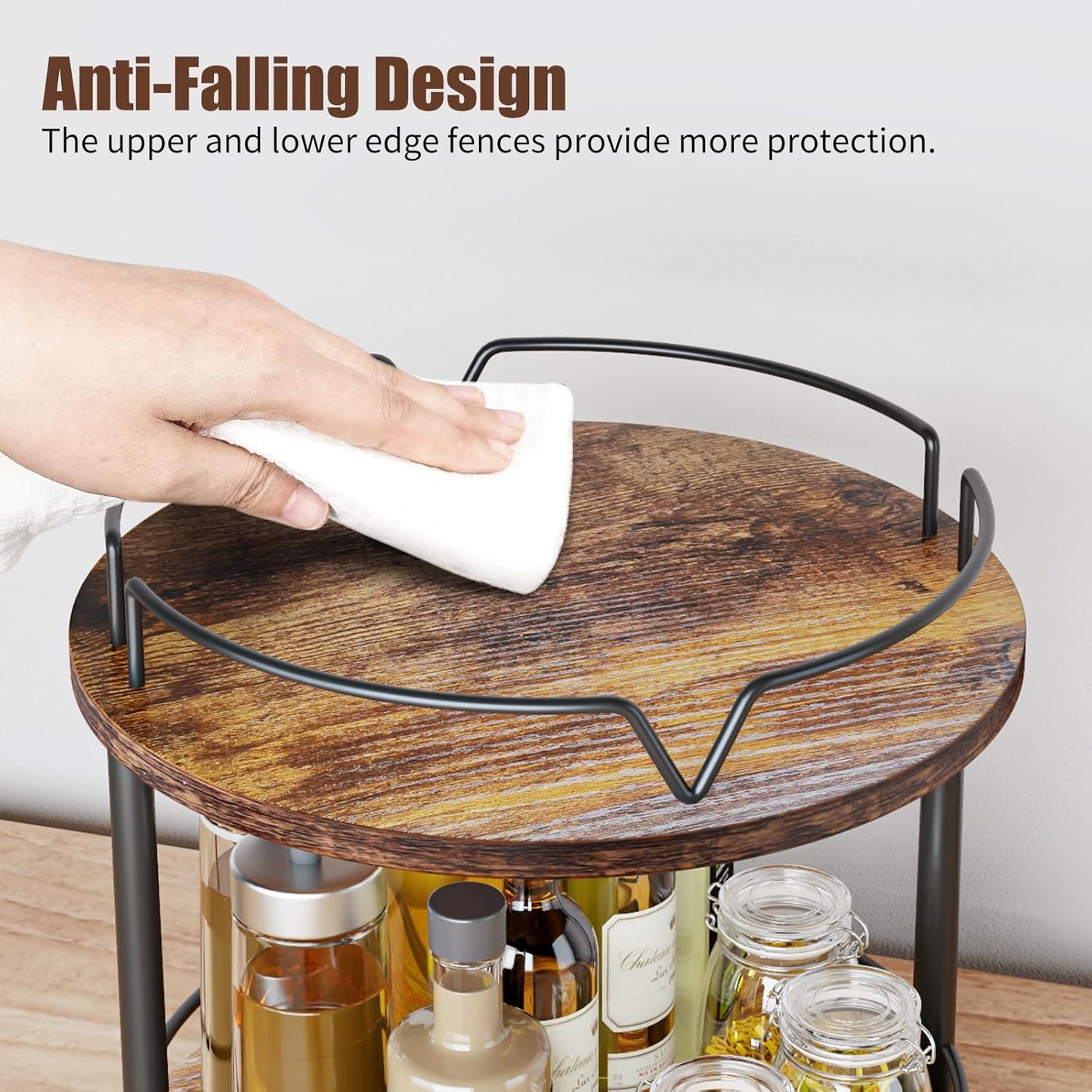 KLM 12" Wood Lazy Susan, Rotating Spice Rack, 2 Tier Spice Turntable Organizer, Industrial Turntable Spice Holder, for Kitchen Countertop and Cabinet, Compact and Versatile, Rustic Brown