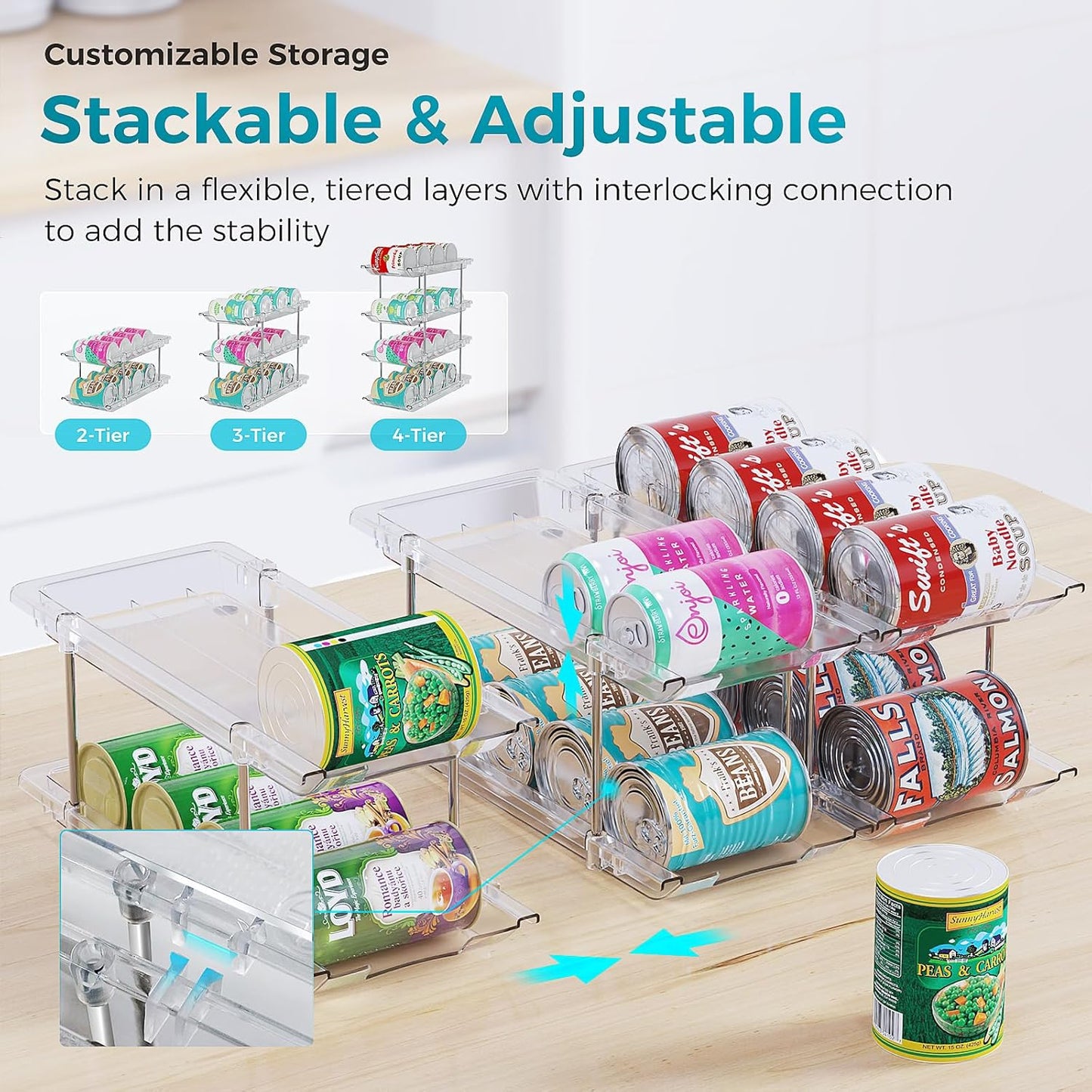 Can Organizer for Pantry, 4 Tiers Can Storage Rack, up to 48 Cans Food Holders for Fridge, Cabinet and Pantry Organization