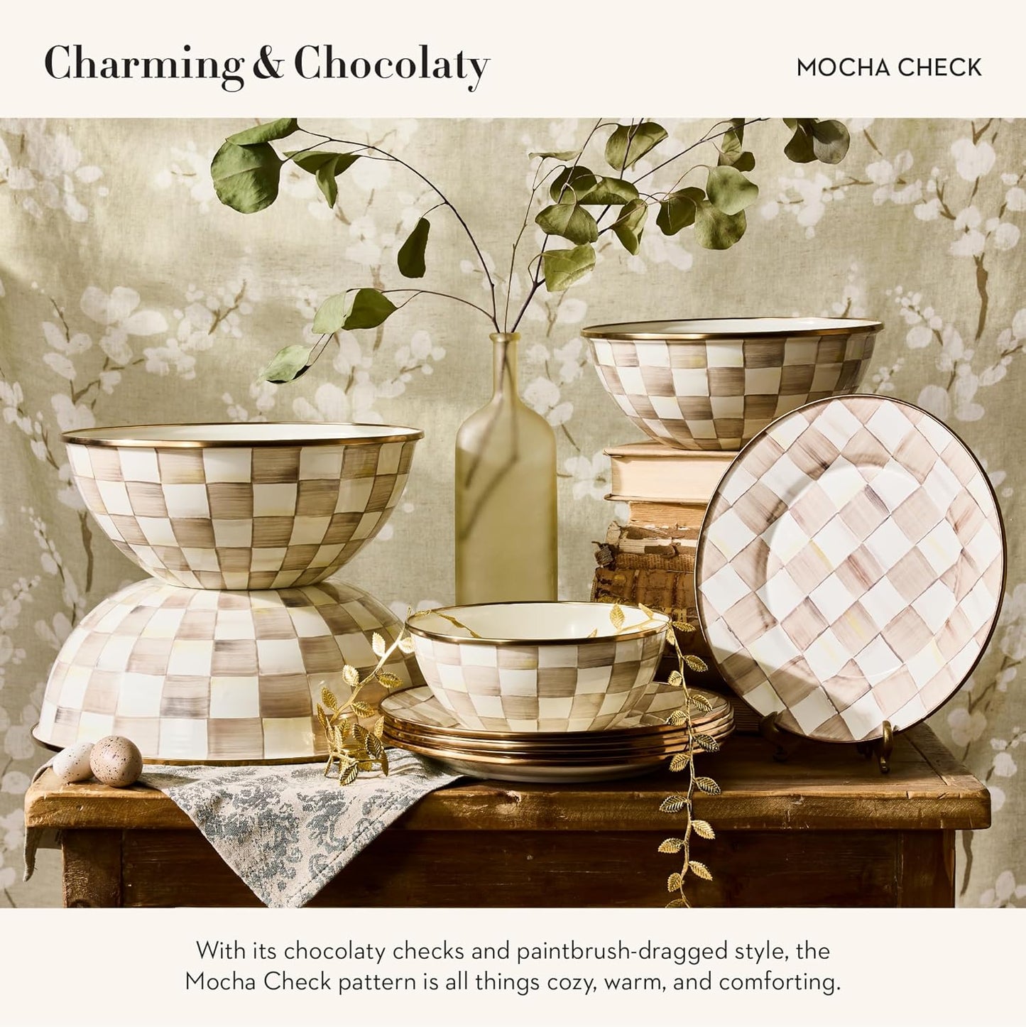 MACKENZIE-CHILDS Enamel Everyday Bowl, Serving Bowl for Entertaining, Extra Large, Brown-and-White Mocha Check