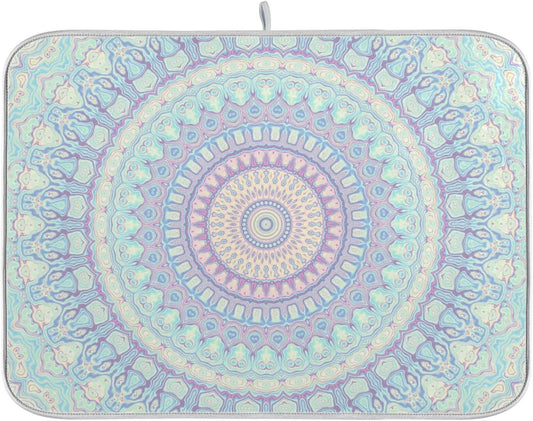 Mandala Bohemian Dish Drying Mat for Kitchen Counter Boho Ethnic Absorbent Microfiber Drying Pad, Medium 16x18 in, Reversible Drainer Mats