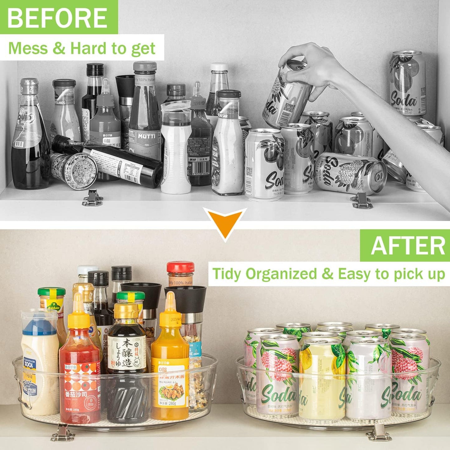 2 Pack Lazy Susan Cabinet Organizer with Handle 12 inch, Clear Spinning Lazy Susan Turntable for Pantry, Kitchen Sink, Corner Cabinet, Bathroom, Countertop, Non-Skid Liners Included, Free Rotating