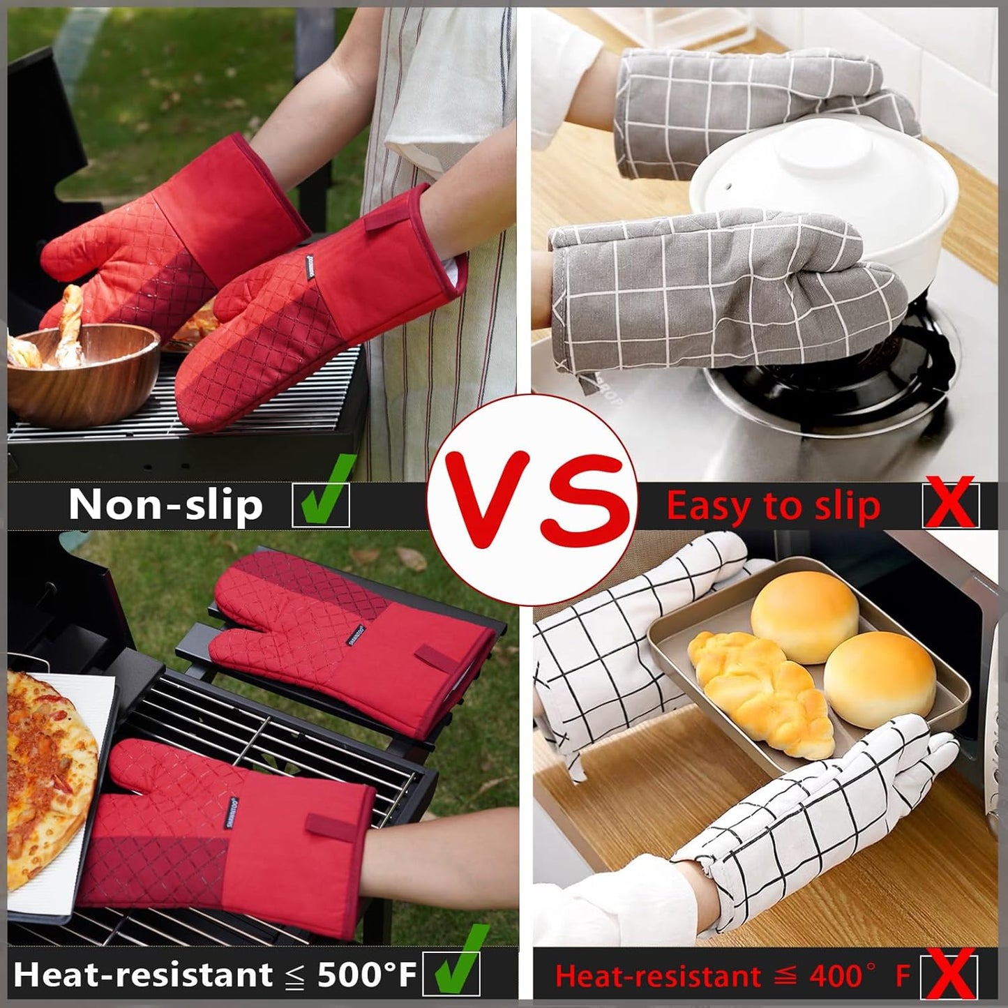 Oven Mitts and Pot Holders Sets 6pcs, Kitchen Oven Glove,High Heat Resistant 550 Degree Extra Long Oven Mitts and Potholders with Non-Slip Silicone Surface for Home Essentials (Grey) (Passion Red)