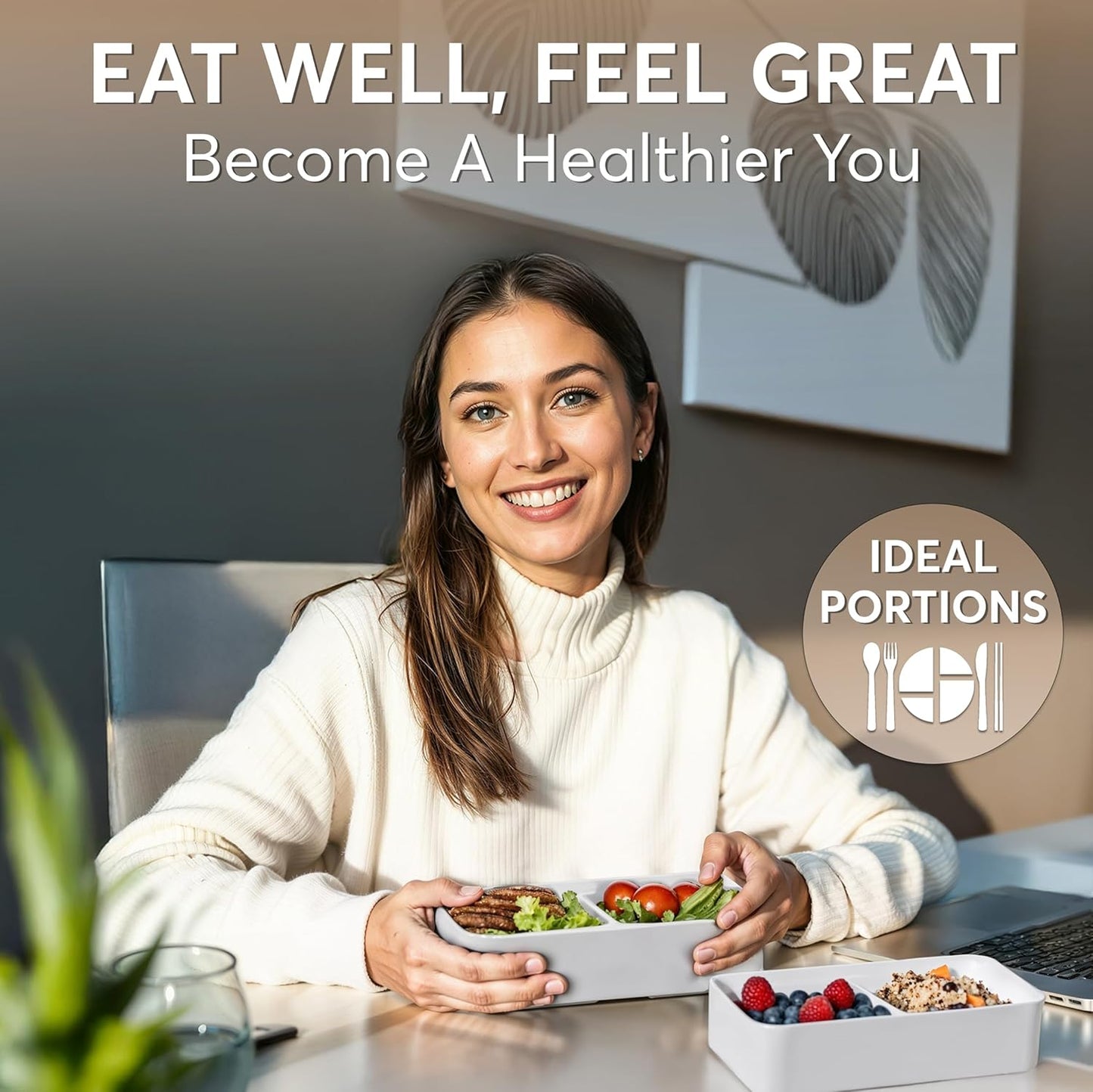 Umami Bento Box Adult All-In-1 w/4 Utensils, 2Sauce Jars, 2 Dividers, 100% Leakproof, Microwave & Dishwasher Safe, Stackable Bento Lunch Box Containers for Men/Women, White & Tan