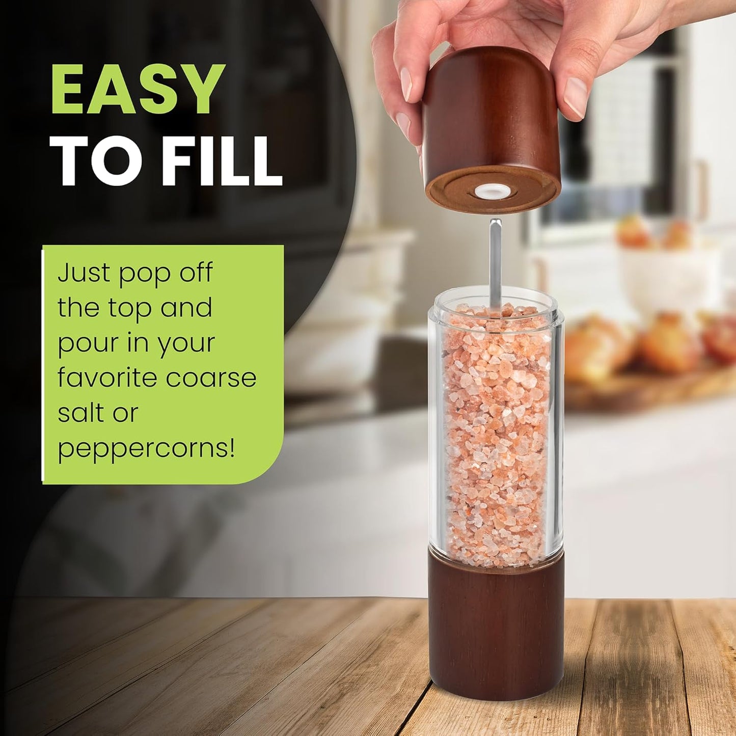 Salt and Pepper Grinder Set - Acrylic Salt and Pepper Grinders - Refillable Wooden Salt and Pepper Mill 8 inch Set of 2