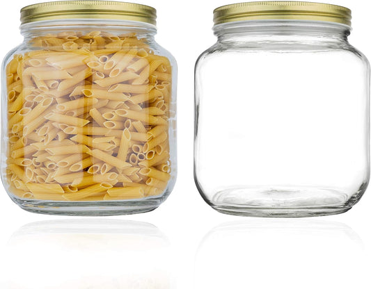 kitchentoolz 2 Pack Half Gallon Mason Wide Mouth Glass Jar with Airtight Metal Lid - 1/2 Gallon Mason Jar - Fermenting Kombucha Kefir - Curing Pickling, Storing and Canning - BPA-Free Gold Lid