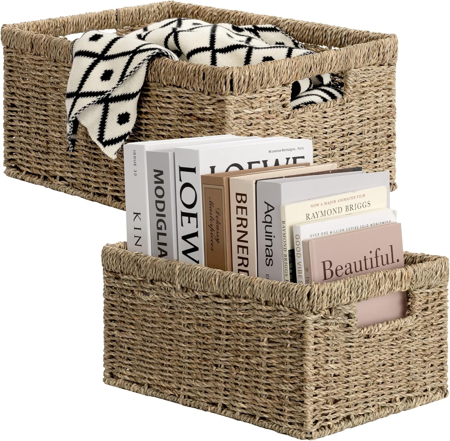 StorageWorks Wicker Storage Baskets, Handwoven Seagrass Basket for Organizing, Decorative Organizers with Built-in Handles, Set of 2