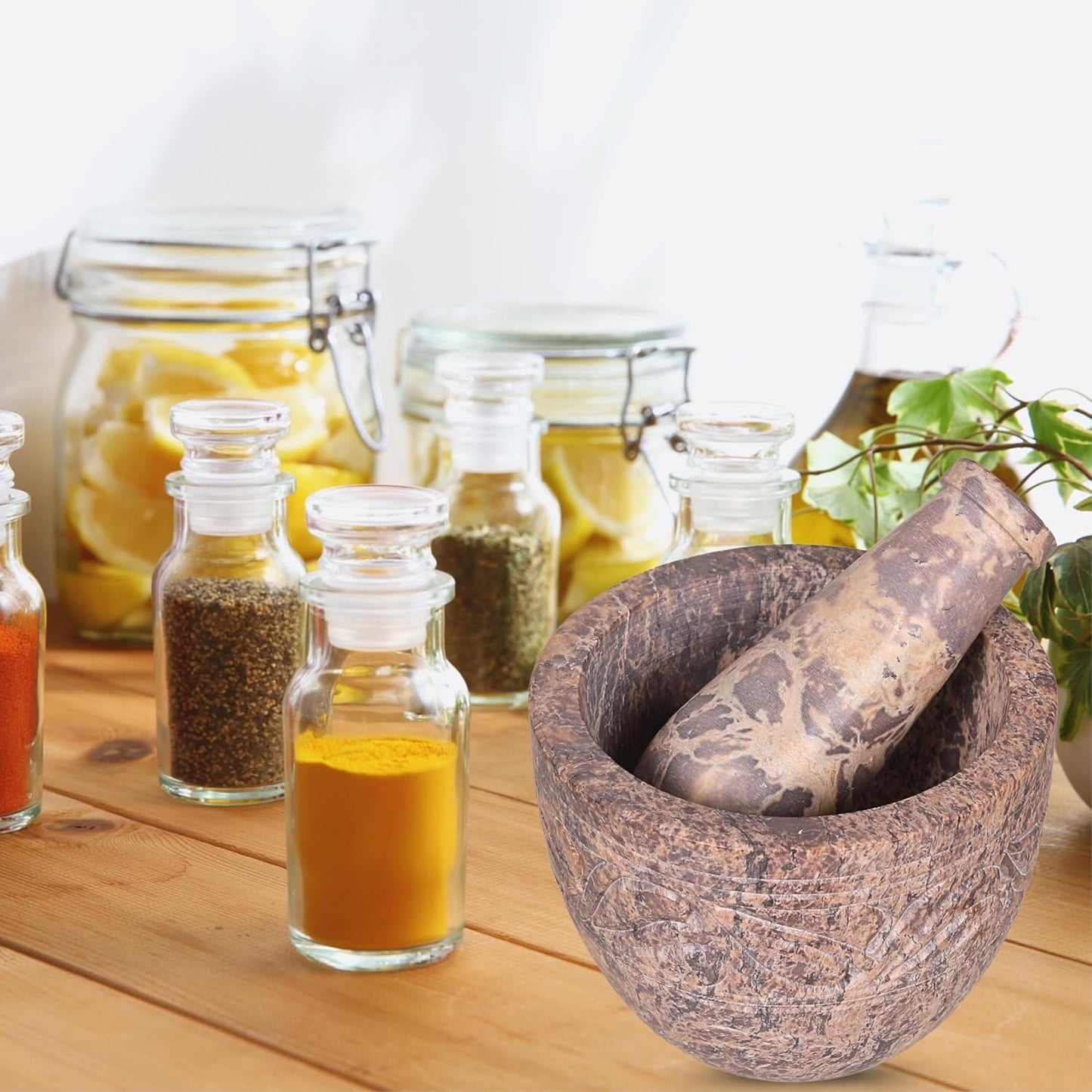 Mortar and Pestle, Made of Heavy Duty Polished Hard Stone, Natural Stone Grinder for Spices, Pastes, Herbs, Seasoning etc. (Natural)